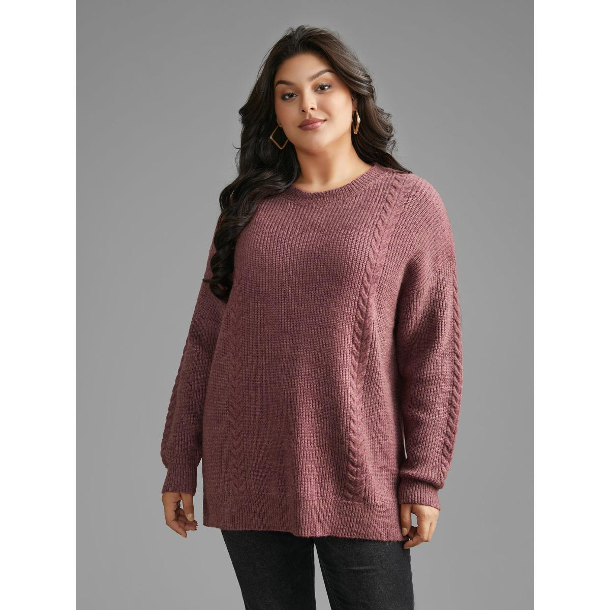 Plus Size Plain Textured Cable Knit Backless Pullover Lilac Women Casual Loose Long Sleeve Round Neck Everyday Pullovers BloomChic 12/L Product Image