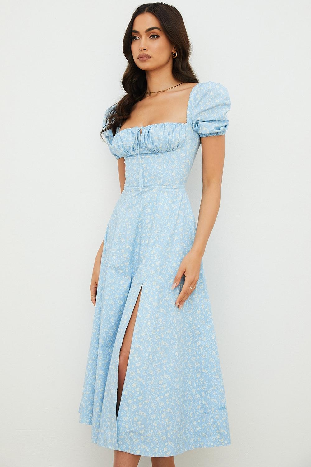 Tallulah  blue ivory floral puff sleeve midi dress Product Image