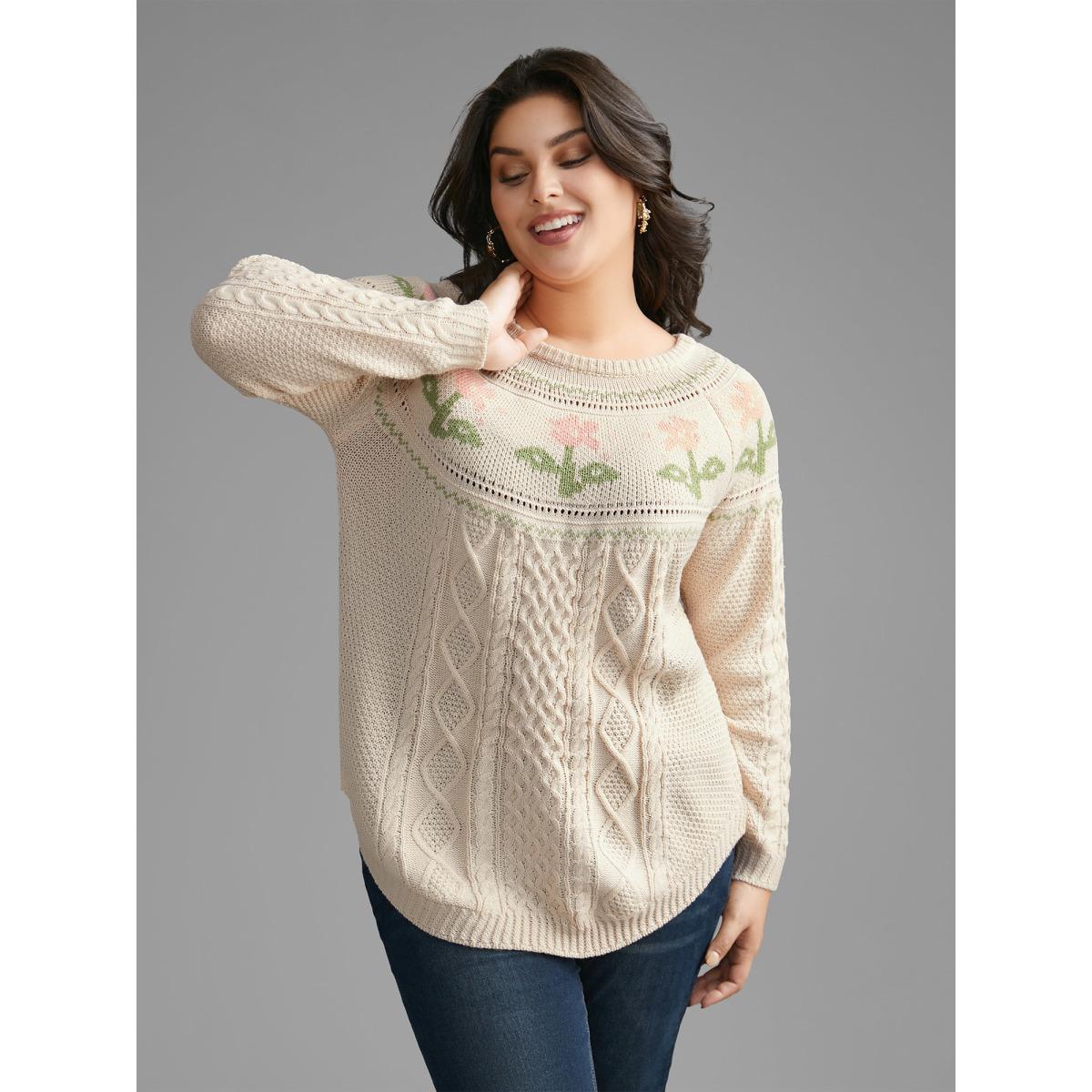 Plus Size Floral Jacquard Raglan Sleeve Pullover Apricot Women Leisure Long Sleeve Round Neck Casual Pullovers BloomChic 12/L Product Image