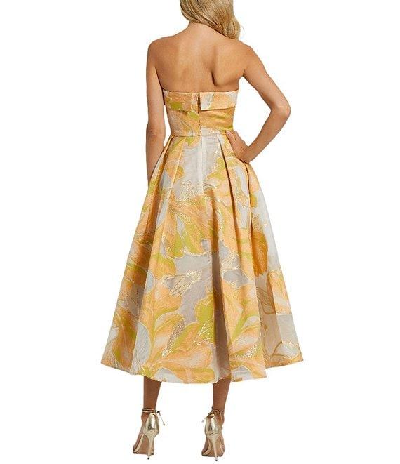 Mac Duggal Brocade Floral Print Strapless Neck Sleeveless A-Line Midi Dress Product Image
