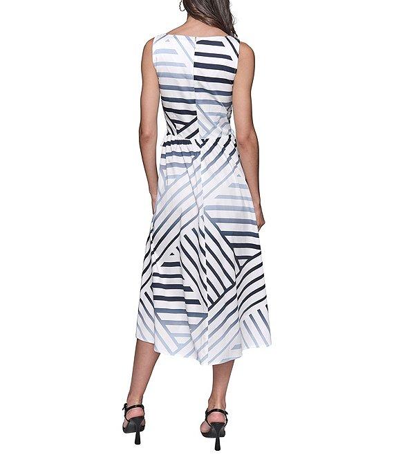 KARL LAGERFELD PARIS Stretch Sateen Stripe Print Scoop Neck Sleeveless Sheath Midi Dress Product Image