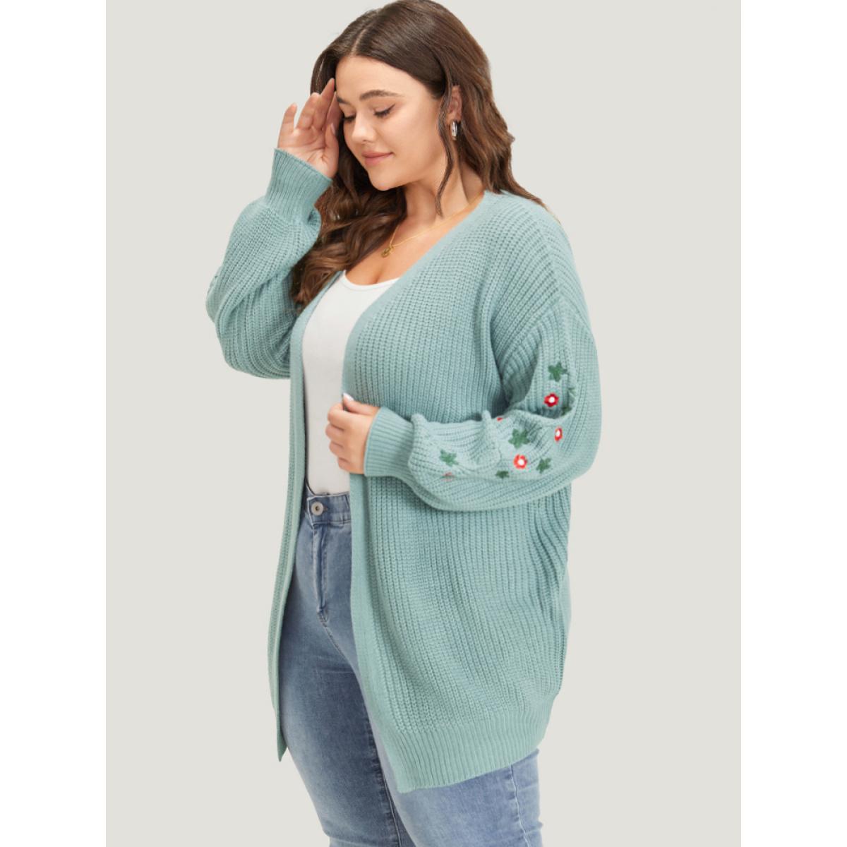Plus Size Floral Embroidered Lantern Sleeve Drop Shoulder Cardigan Stone Women Casual Loose Long Sleeve Everyday Cardigans BloomChic 28/5X Product Image
