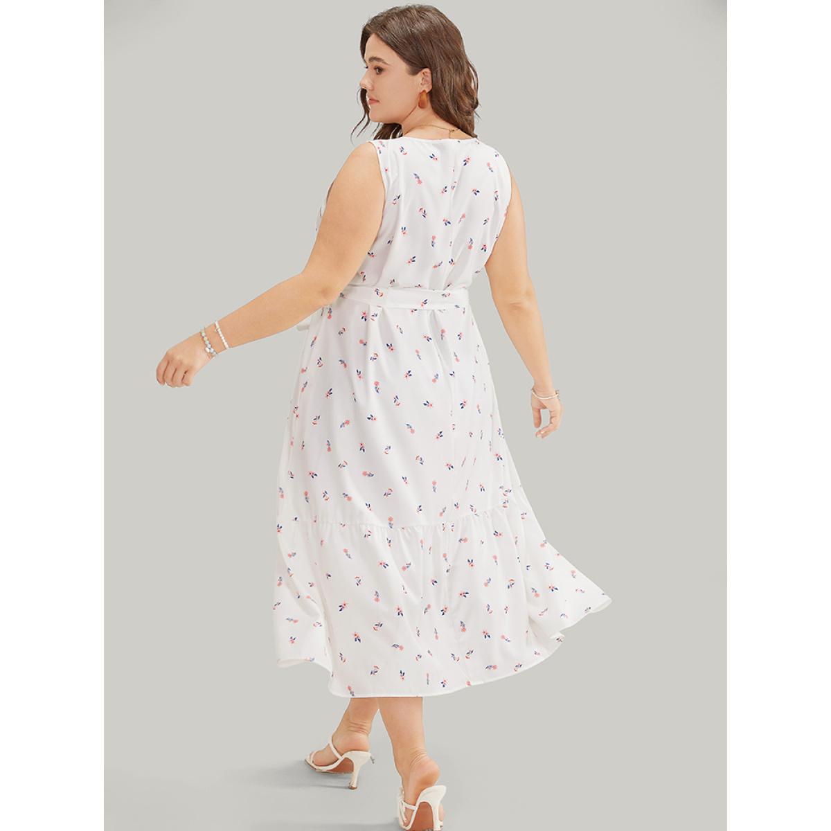 Plus Size Ditsy Floral Pocket Belted Keyhole Neck Flutter Tank Dress White Women Elegant Belted Keyhole Cut-Out Sleeveless Curvy Midi Dress BloomChic 28/5X Product Image