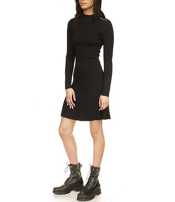 Michael Kors Mock Neck Shoulder Button Long Sleeve Flare Hem Dress Product Image