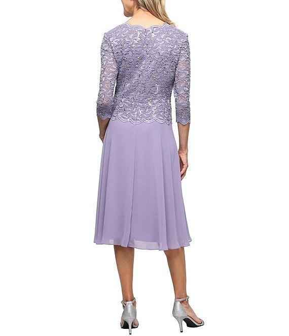 Alex Evenings Crew Neck 3/4 Sleeve Sequin Floral Lace Bodice Chiffon A-Line Midi Dress Product Image