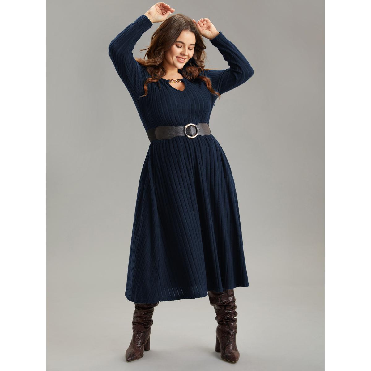Plus Size Rib Knit Plain Notched Pocket Dress DarkBlue Women Work From Home Rib Knit Notched collar Long Sleeve Curvy Midi Dress BloomChic 18-20/2X Product Image