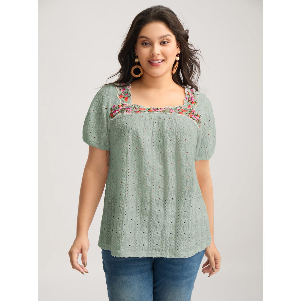 Plus Size Eyelet Trim Floral Embroidered Solid T-Shirt Mint Women Romantic Woven ribbon&lace trim Square Neck Elegant T-shirts BloomChic 14-16/1X Product Image