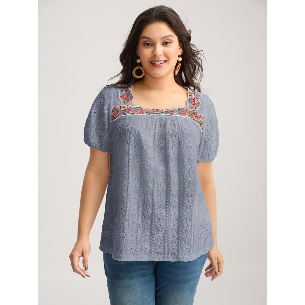 Plus Size Eyelet Trim Floral Embroidered Solid T-Shirt Mint Women Romantic Woven ribbon&lace trim Square Neck Elegant T-shirts BloomChic 14-16/1X Product Image
