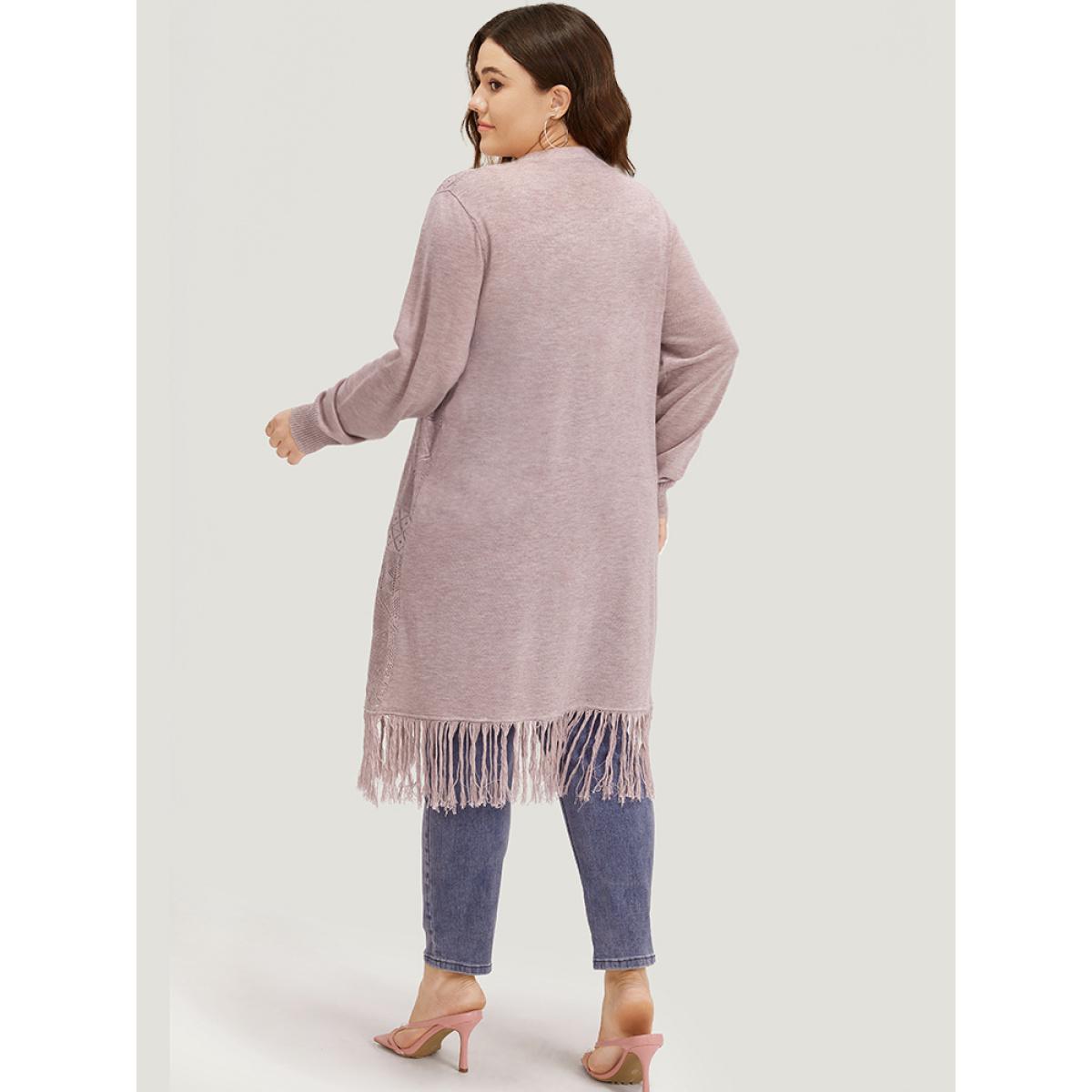 Plus Size Geometric Eyelet Fringe Trim Open Front Cardigan WhiteSmoke Women Casual Loose Long Sleeve Dailywear Cardigans BloomChic 28/5X Product Image