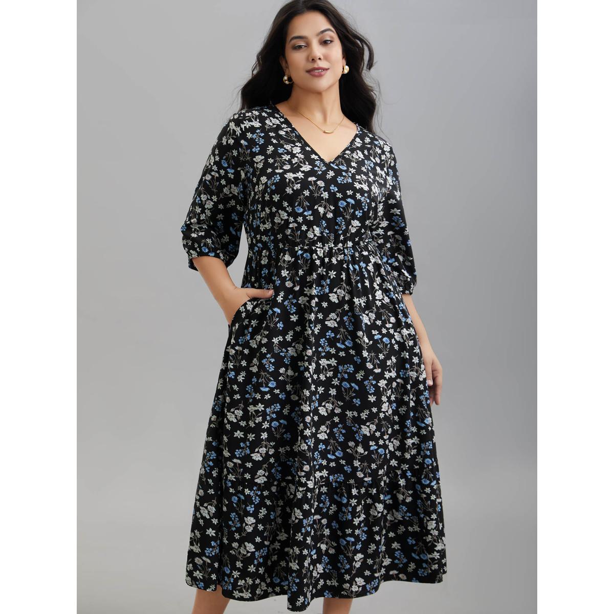 Plus Size Floral Print Stretchy-Waist Pockets Midi Dress BlackFlower Women Elegant Non V-neck Elbow-length sleeve Curvy BloomChic 10/M Product Image
