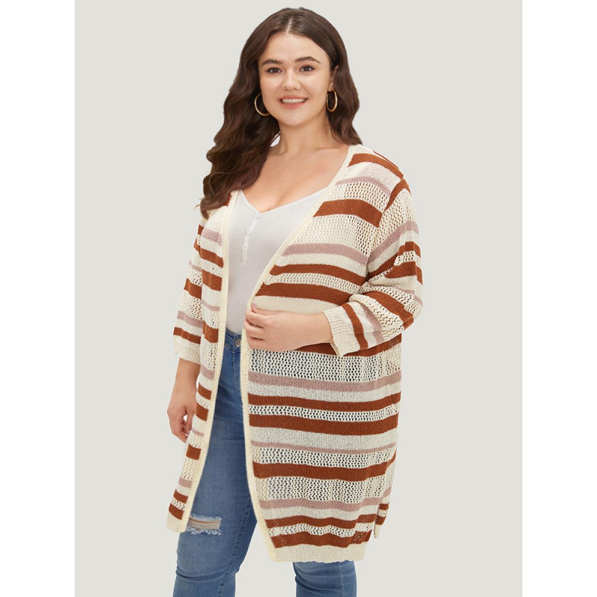 Plus Size Striped Hollow Out Open Front Split Hem Cardigan Multicolor Women Casual Loose Elbow-length sleeve Dailywear Cardigans BloomChic 22-24/3X Product Image