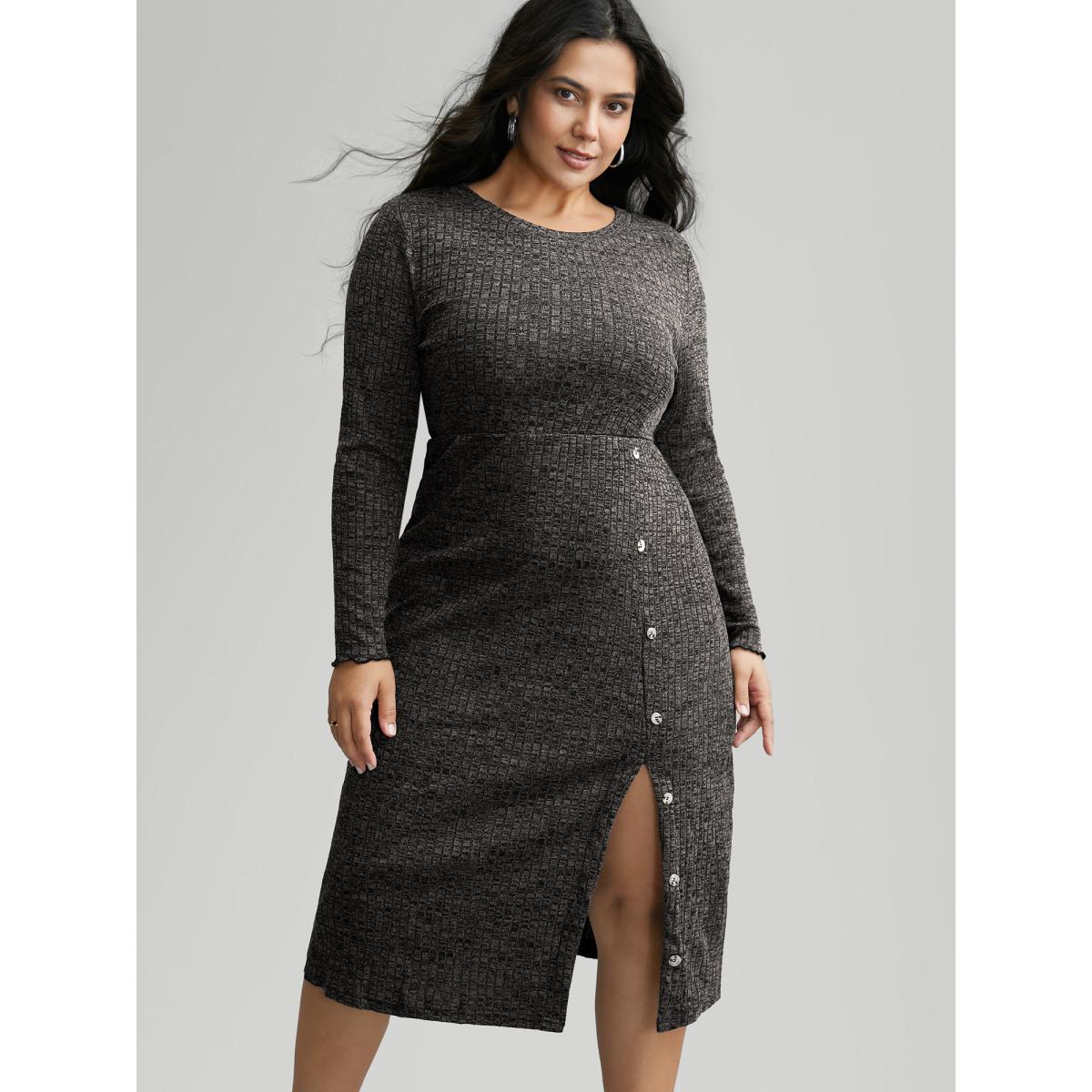 Plus Size Crew Neck Button Detail Split Hem Dress Black Women Leisure Texture Round Neck Long Sleeve Curvy BloomChic 14-16/1X Product Image