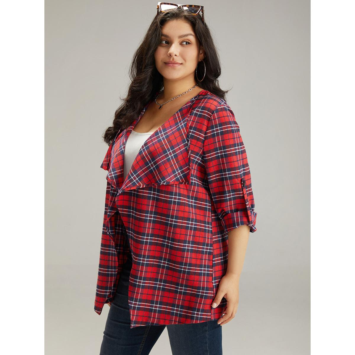 Plus Size Plaid Asymmetrical Hem Tab Sleeve Jacket Women Scarlet Button Dailywear Jackets BloomChic 28/5X Product Image