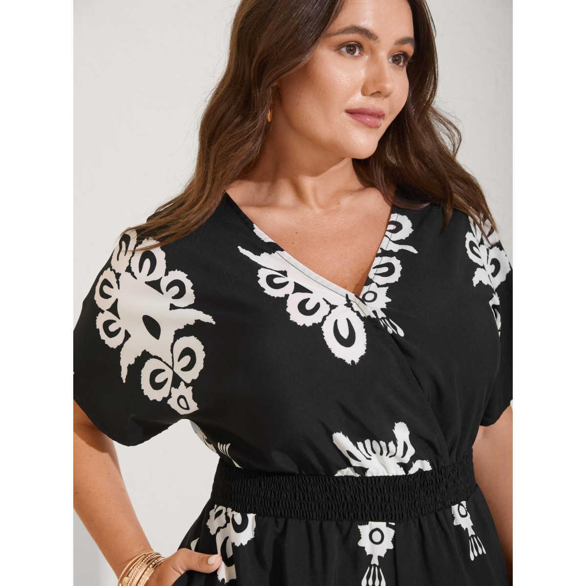 Plus Size Black Boho Print Shirred Waist Surplice Jumpsuit Women Boho Short sleeve V-neck Vacation Loose Jumpsuits BloomChic 30/6X Product Image