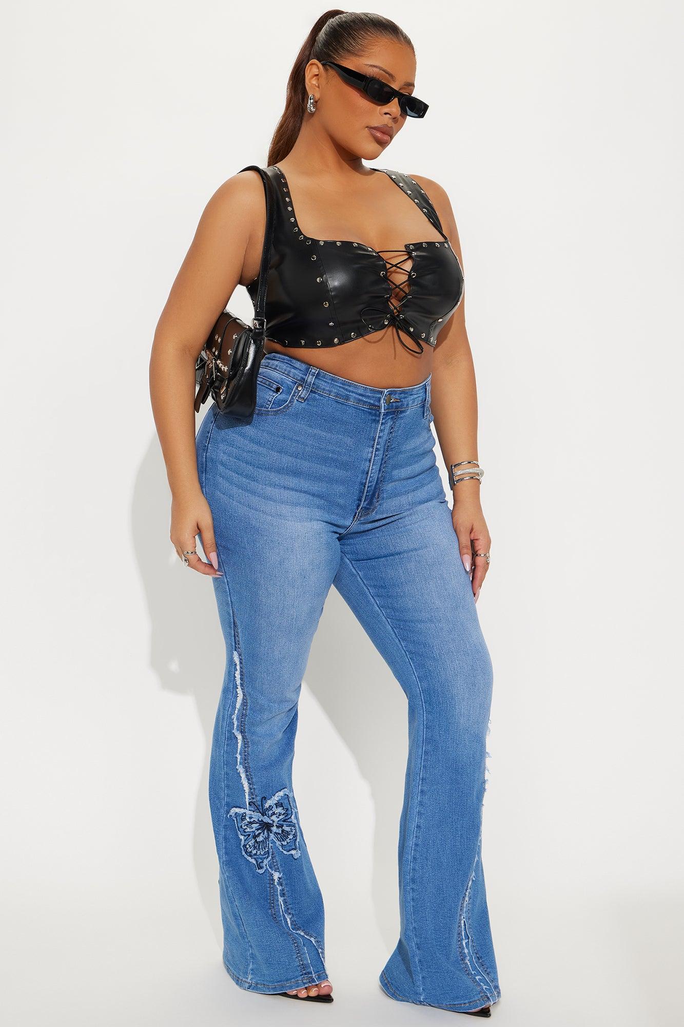 Fluttering Butterfly Embroidered Flare Jeans - Medium Wash Female Product Image