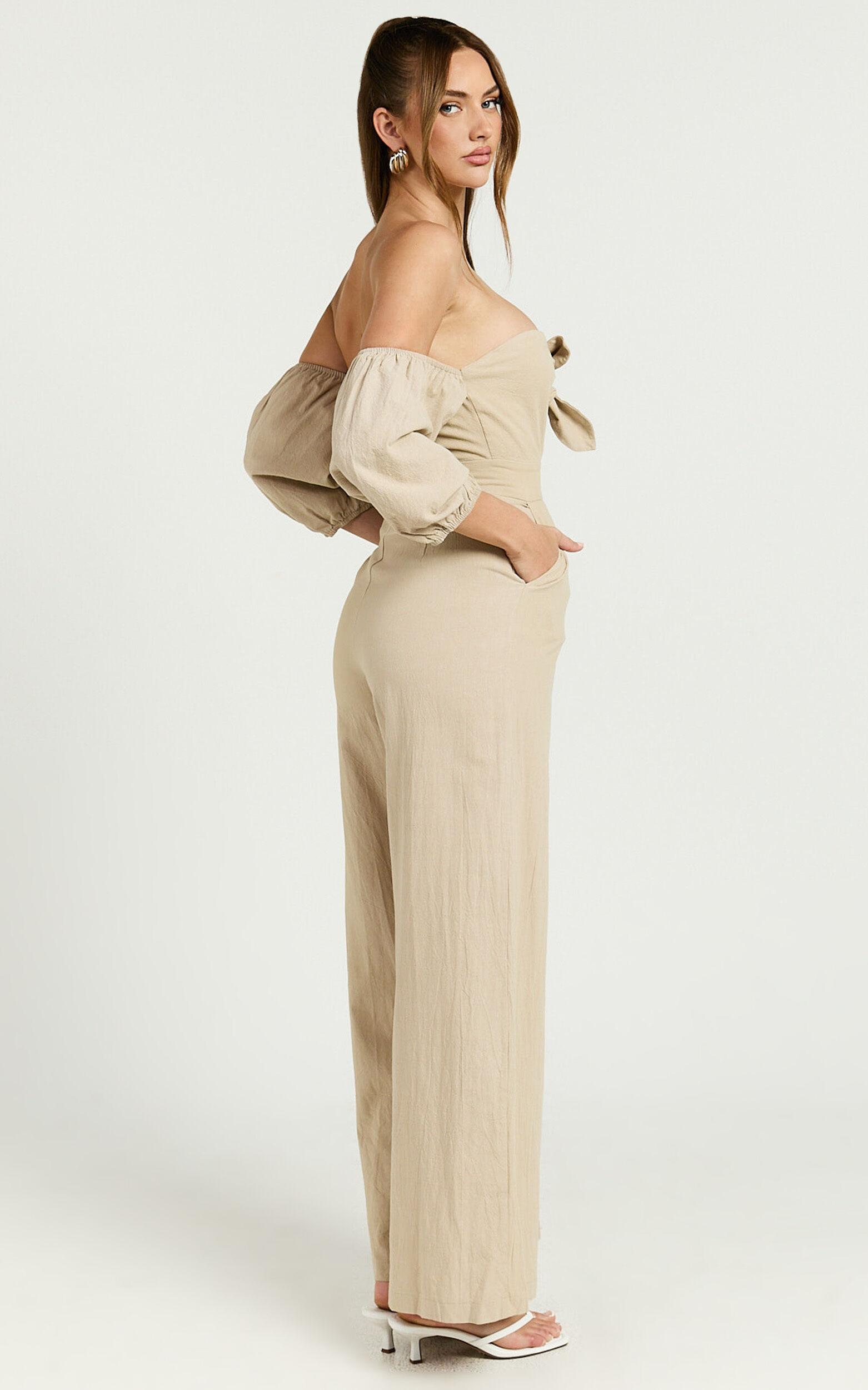 Maja Jumpsuit - Front Tie Off Shoulder Jumpsuit in Sand Product Image