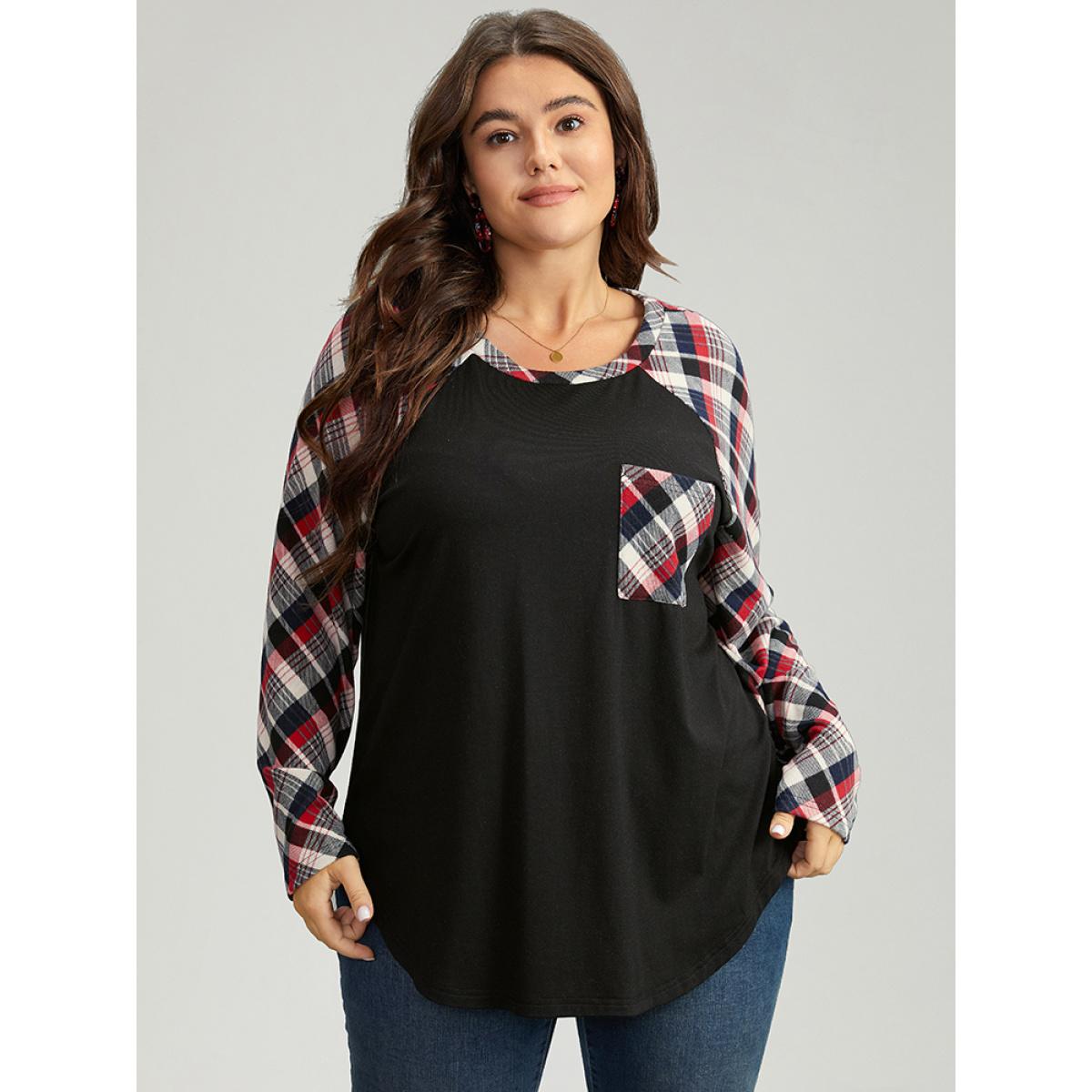 Plus Size Plaid Patched Pocket Raglan Sleeve T-shirt Black Women Casual Contrast Plaid Round Neck Festival-Christmas T-shirts BloomChic 28/5X Product Image