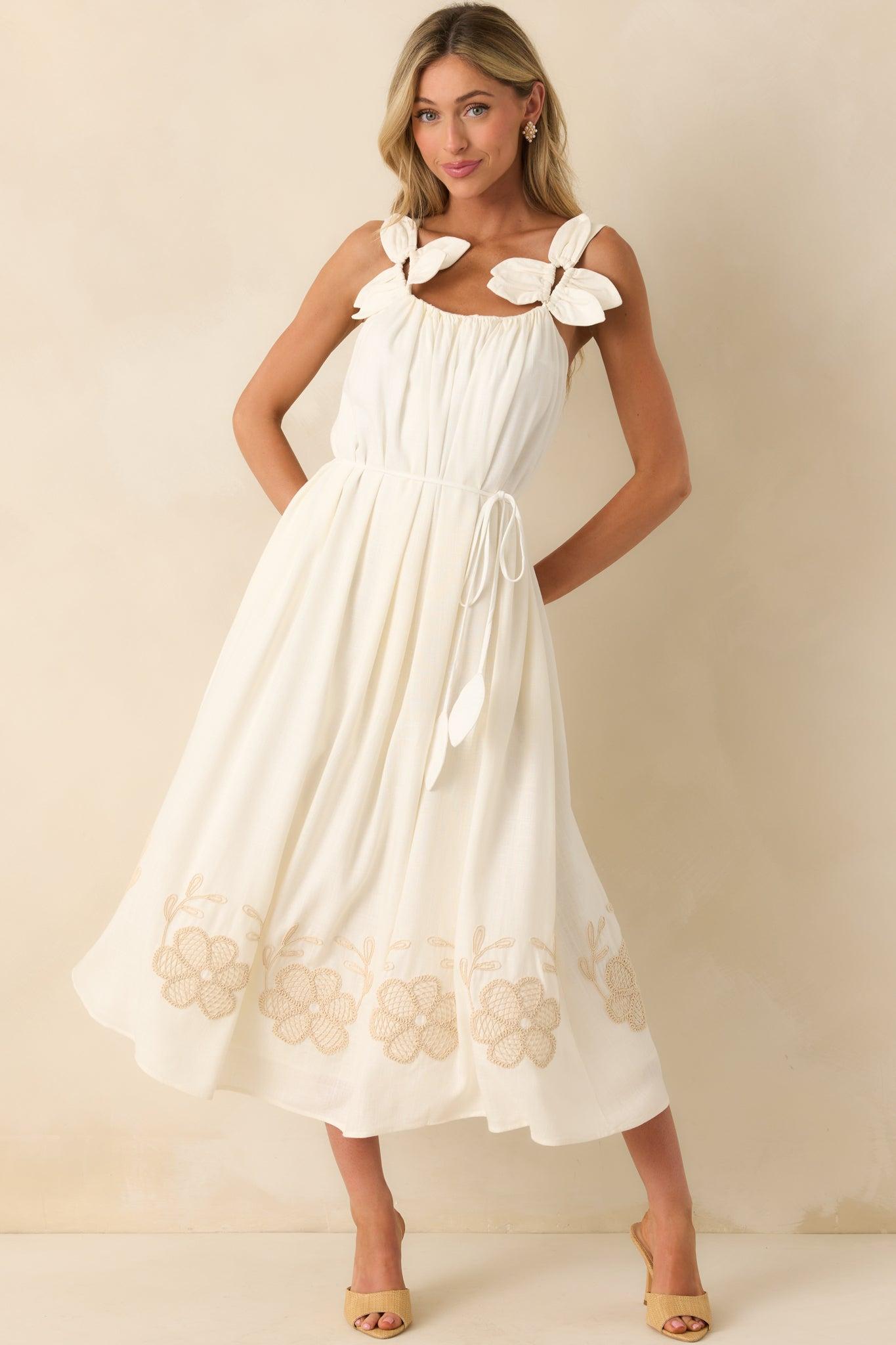 Living In The Moment Ivory Linen Blend Embroidered Maxi Dress Product Image