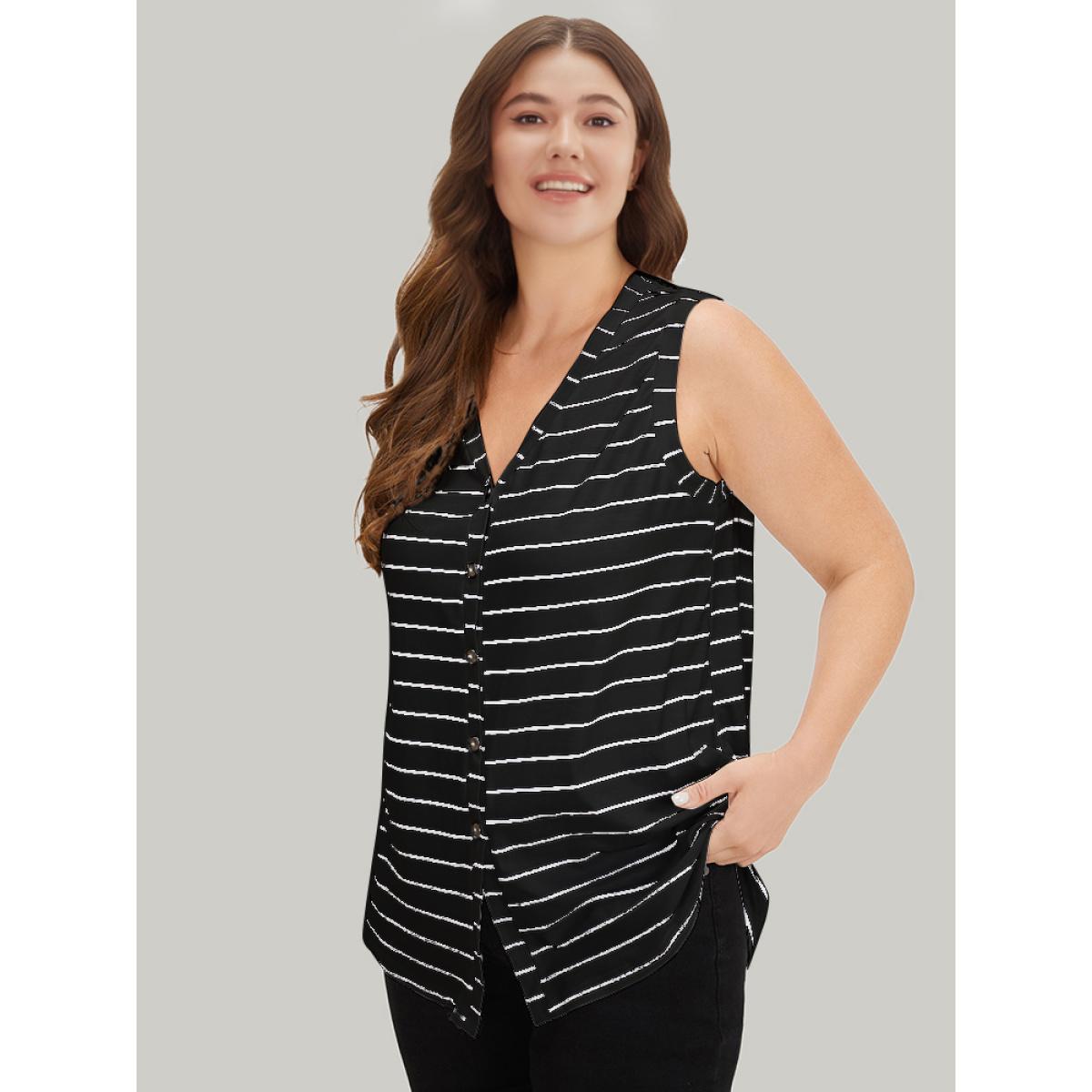Plus Size Striped Print Button Through Tank Top Women Black Casual Button Dailywear Tank Tops Camis BloomChic 22-24/3X Product Image