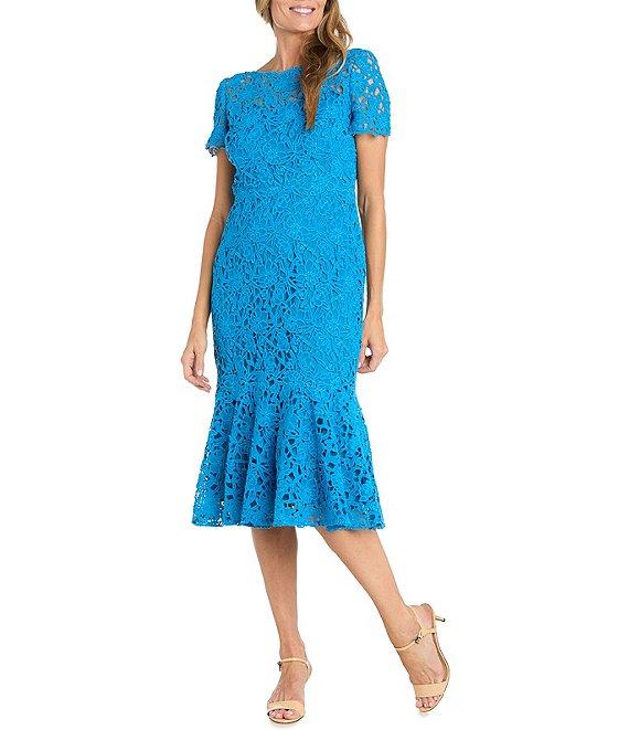R & M Richards Short Sleeve Crew Neck Fit and Flare Lace Midi Dress Product Image