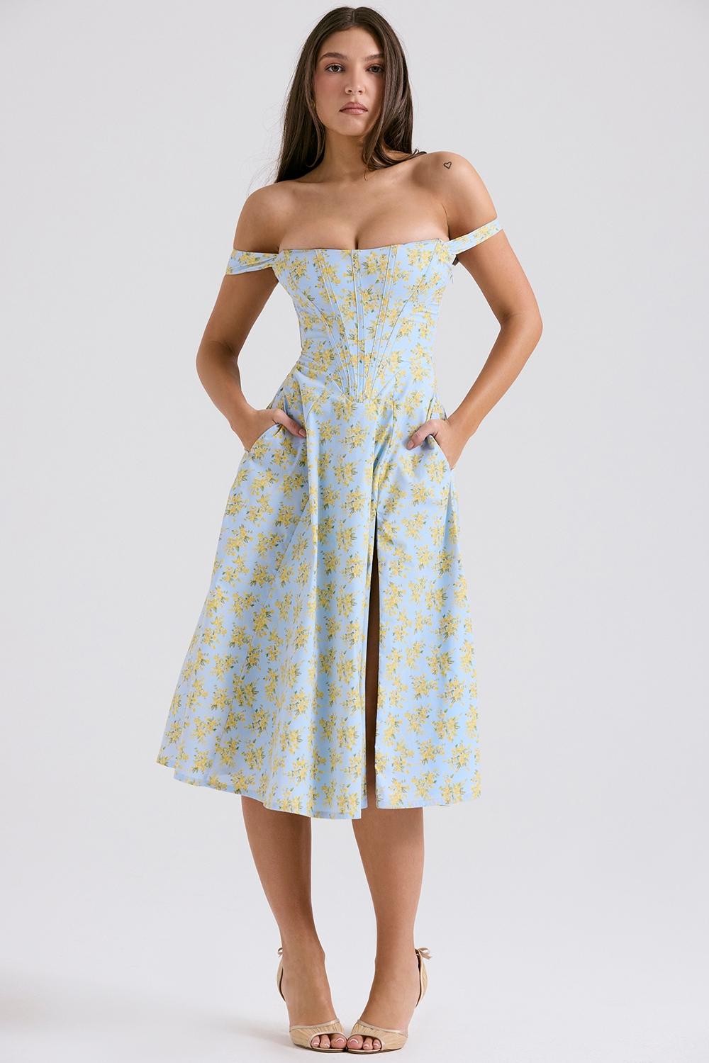 Saira  soft blue vintage floral print cotton midi sundress Product Image