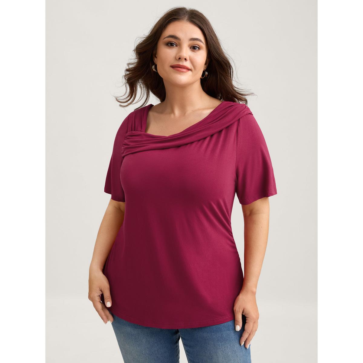 Plus Size Supersoft Asymmetrical Neckline Solid T-Shirt Burgundy Women Timeless Gathered Asymmetrical Neck Elegant T-shirts BloomChic 10/M Product Image