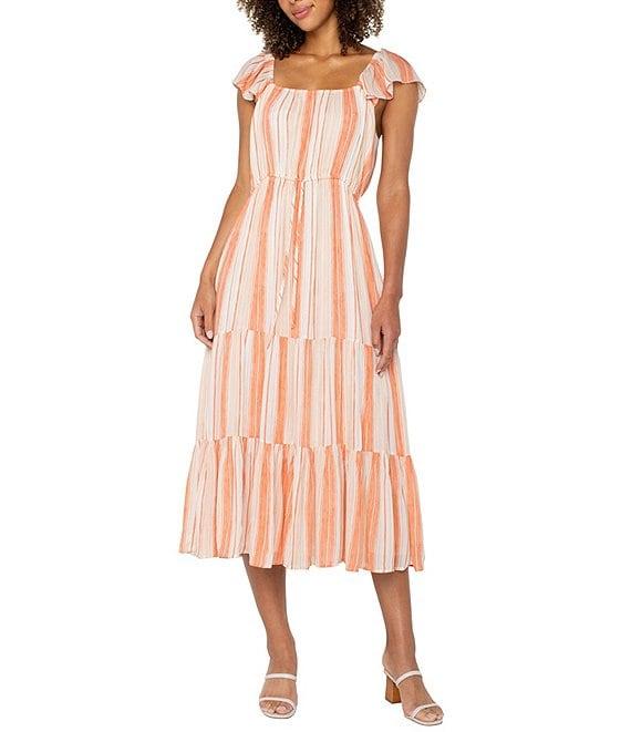 Liverpool Los Angeles Woven Stripe Square Neck Cap Sleeve Cinched Waist Tiered Midi Dress Product Image