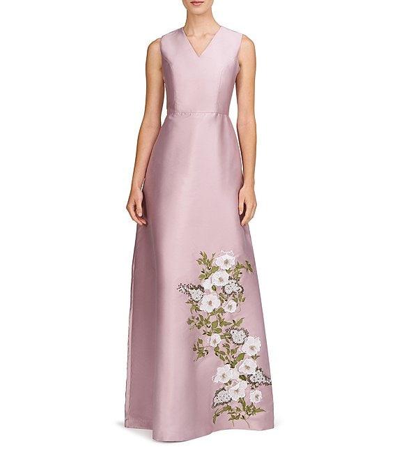 Kay Unger Mikado Placement Floral Print V Neck Sleeveless A-Line Gown Product Image