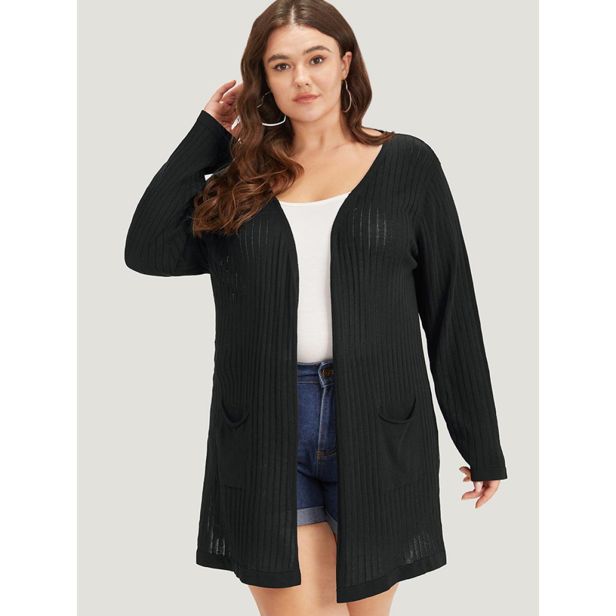 Plus Size Solid Rib Knit Pocket Lightweight Tunic Cardigan Black Women Basics Loose Long Sleeve Everyday Cardigans BloomChic 10/M Product Image