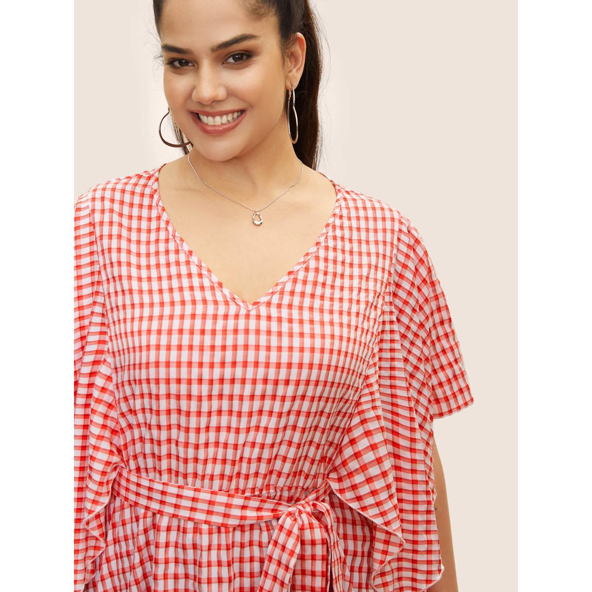 Plus Size Crimson V Neck Gingham Tie Knot Ruffles Blouse Women Casual Elbow-length sleeve V-neck Everyday Blouses BloomChic 12/L Product Image