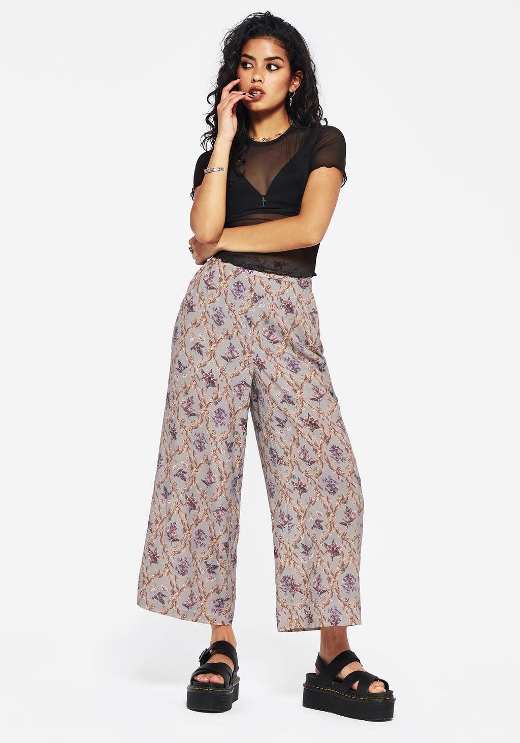 Blossom Floral Tile Printed Wide Leg Culotte Trousers Product Image