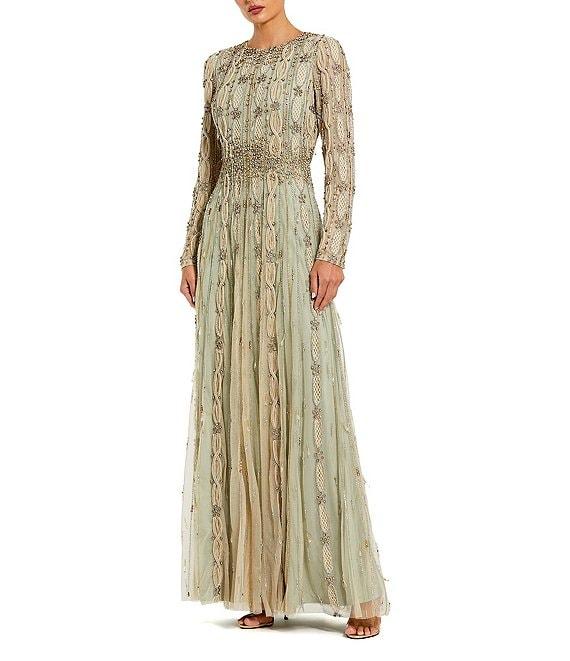 Mac Duggal Embellished Beaded Mesh Long Sleeve Gown Product Image