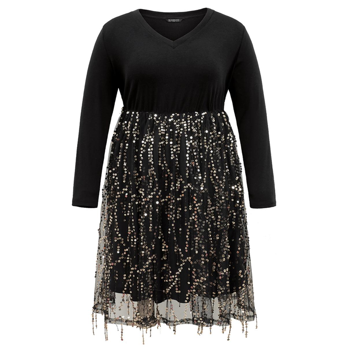 Plus Size Patchwork Sequin Mesh Tassel Trim Dress Black Women Cocktail Sequin V-neck Long Sleeve Curvy Knee Dress BloomChic 22-24/3X Product Image