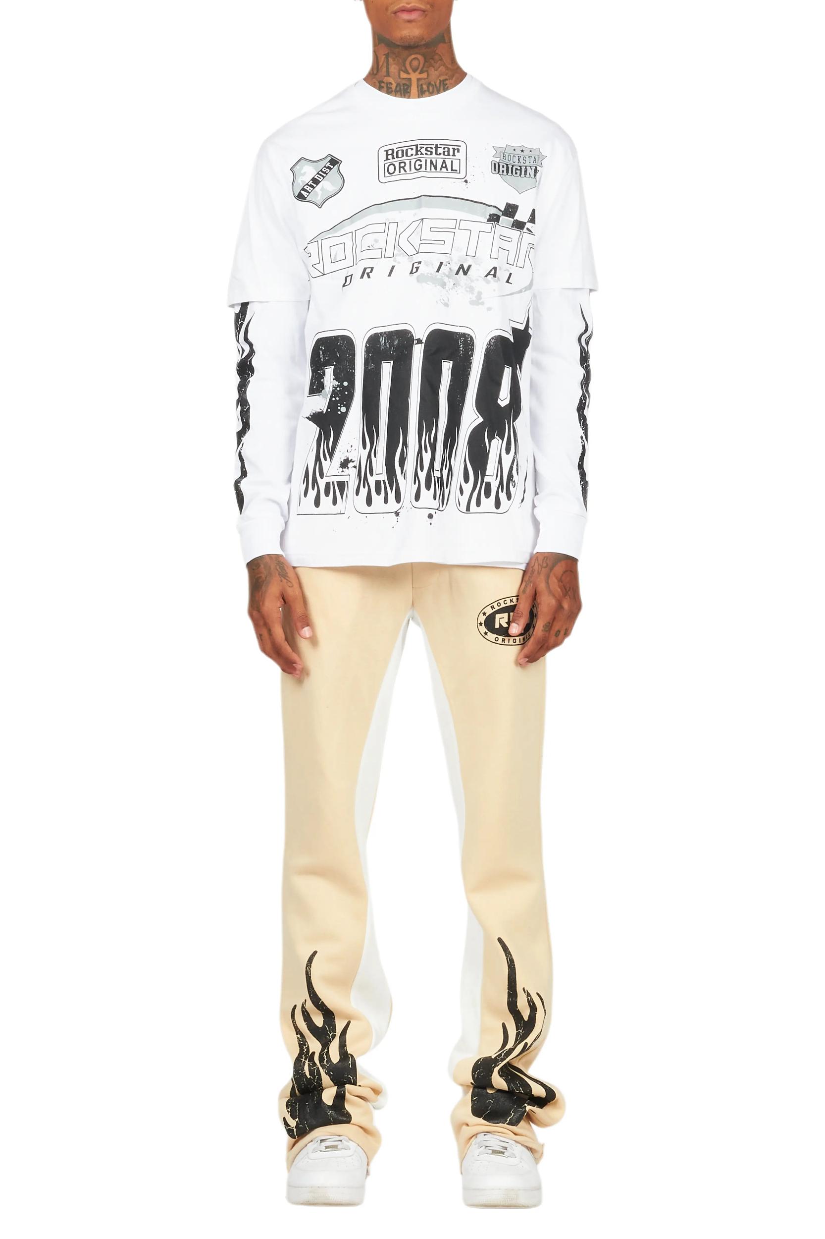 Amos White/Beige Double Layer T-Shirt/Stacked Baggy Pant Set Male Product Image