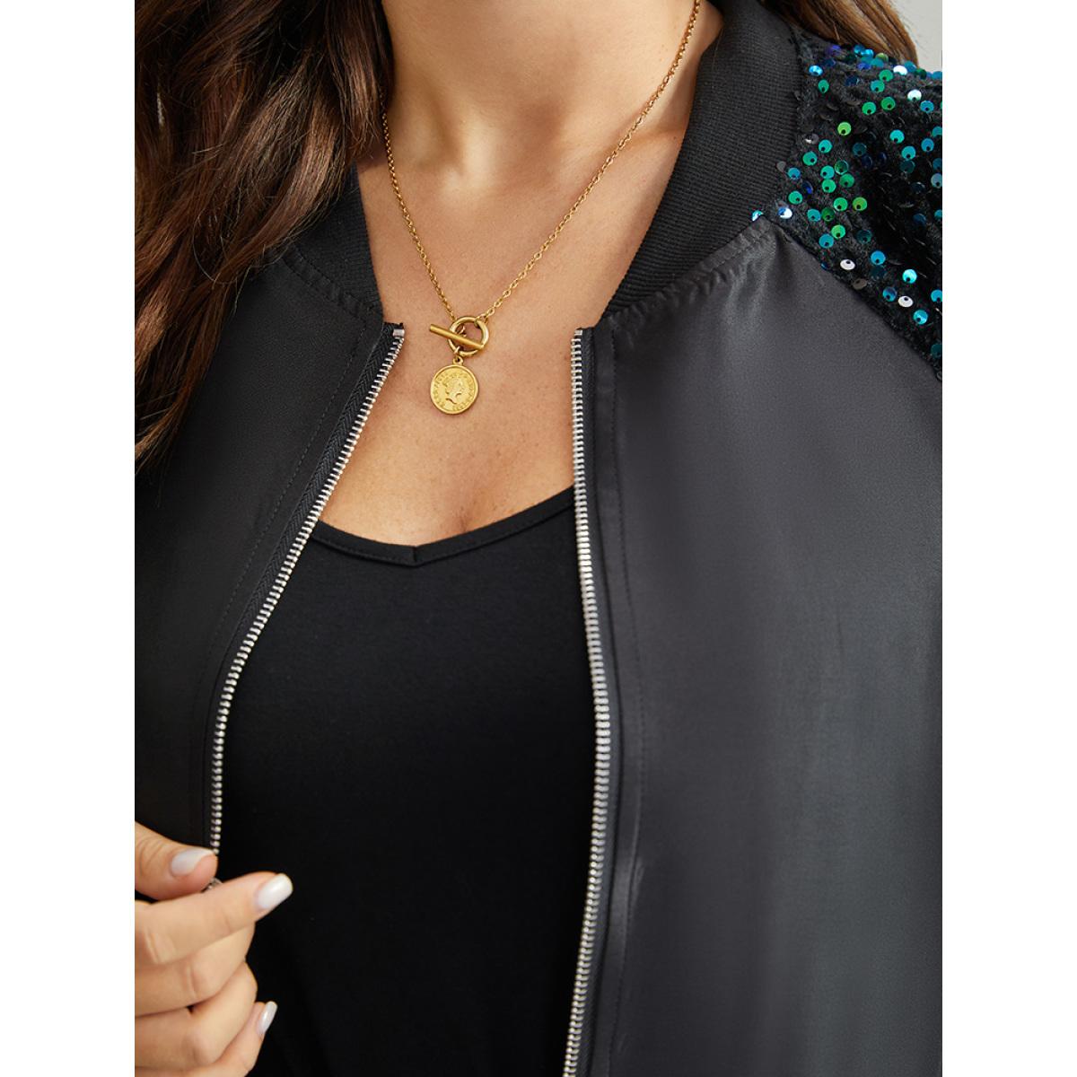 Plus Size Sequin Detail Patchwork Pocket Jacket Women Black Elastic cuffs Pocket Dailywear Jackets BloomChic 30/6X Product Image
