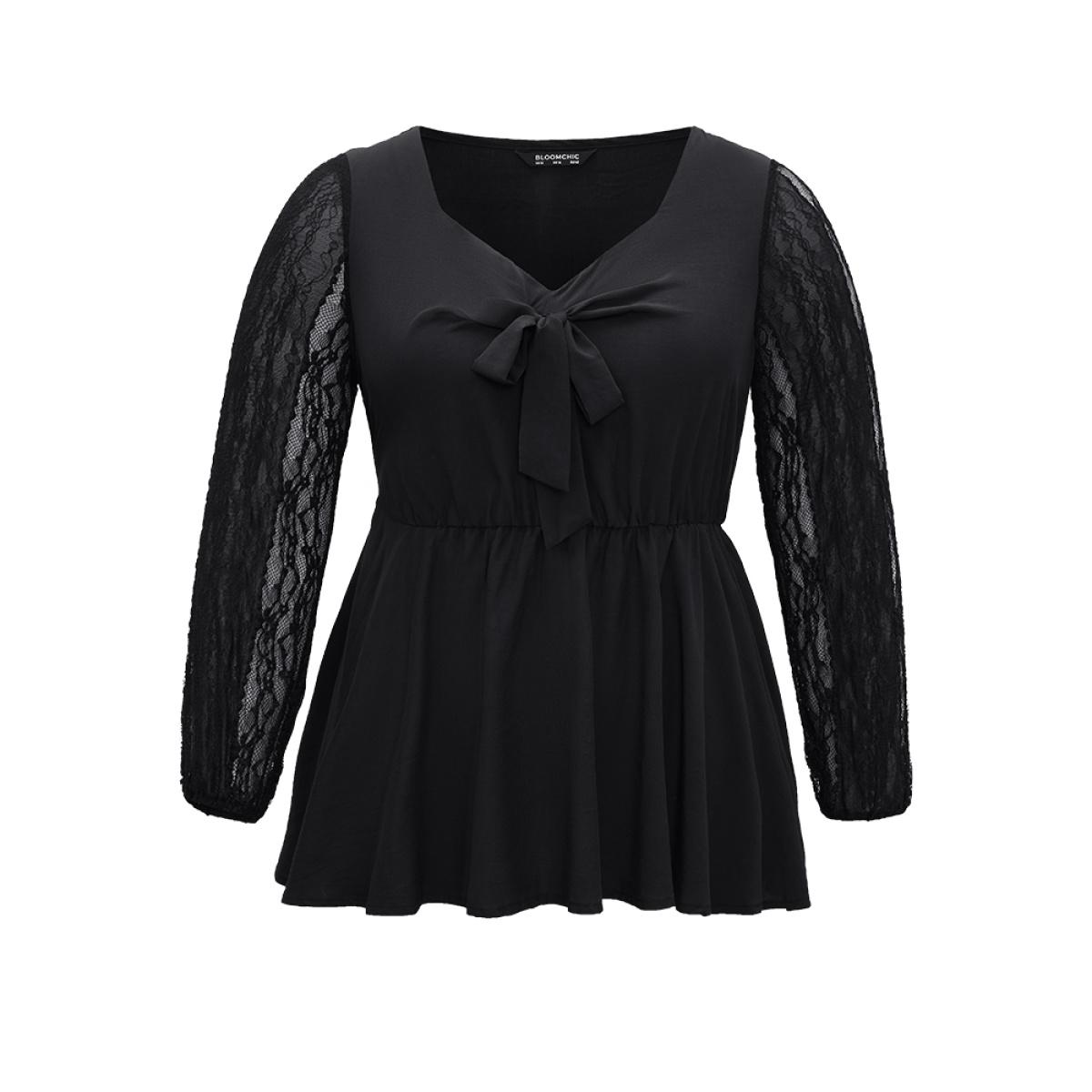 Plus Size Black Crochet Lace Bowknot Elastic Waist Blouse Women Elegant Long Sleeve Square Neck Dailywear Blouses BloomChic 30/6X Product Image