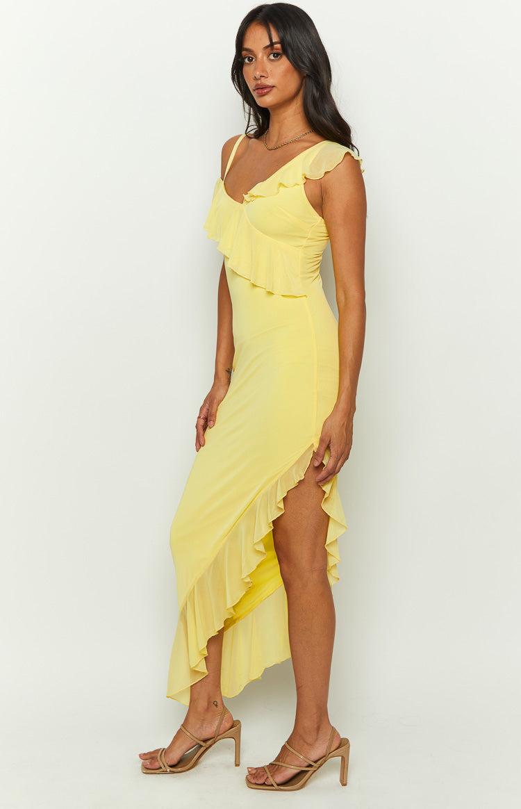 Everleene Yellow Ruffle Mesh Midi Dress Product Image