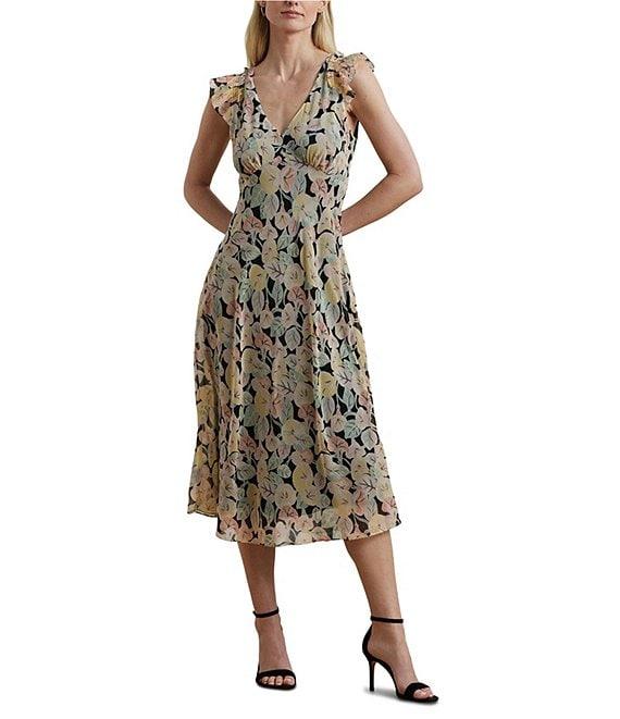 Lauren Ralph Lauren Crinkle Georgette Floral Print V-Neck Cap Sleeve Midi A-Line Dress Product Image