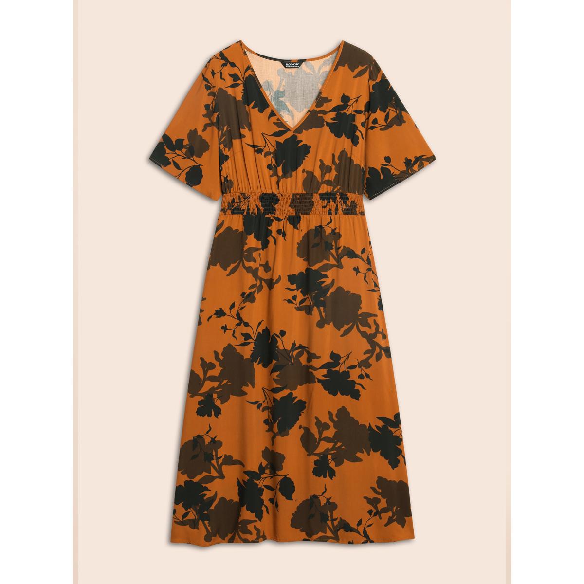 Plus Size Silhouette Floral Print Ruffle Sleeve Dress OrangeRed Women Elegant Shirred V-neck Half Sleeve Curvy BloomChic 22-24/3X Product Image
