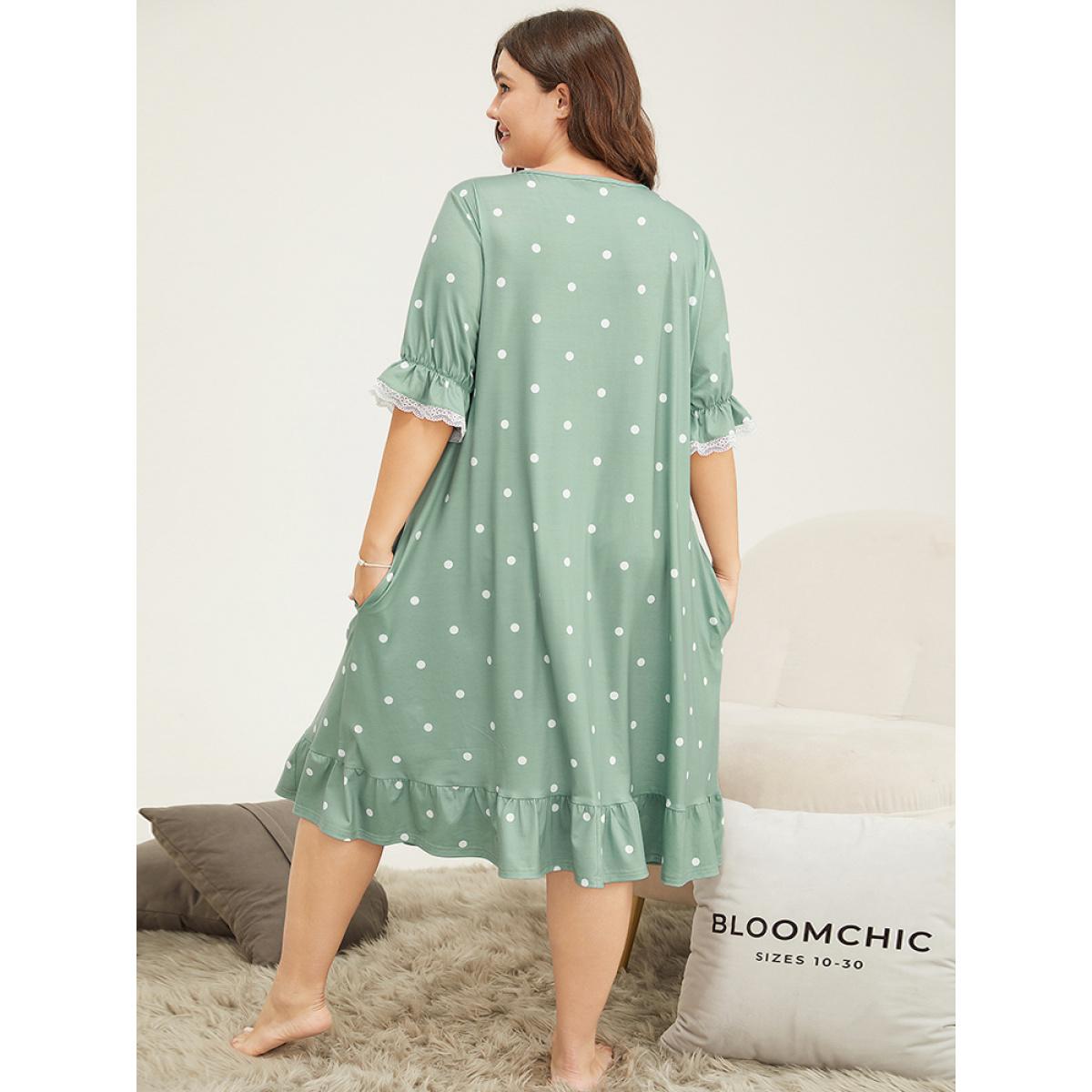 Plus Size Polka Dot Lace Ruffle Trim Pocket Sleep Dress Women Sage Elegant Polka Dot Lace Round Neck Pocket Loungewear BloomChic 12/L Product Image