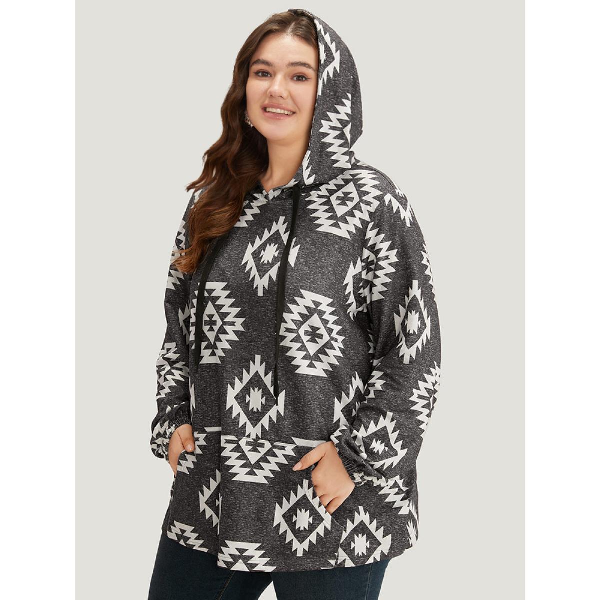 Plus Size Moroccan Print Hooded Pocket Sweatshirt Women Gray Casual Printed Hooded Dailywear Sweatshirts BloomChic 22-24/3X Product Image