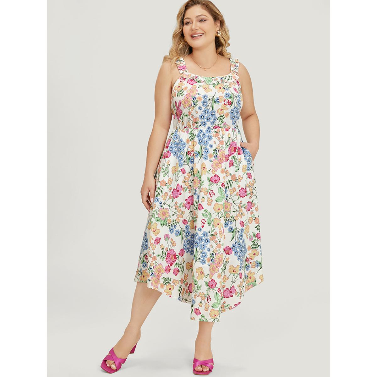 Plus Size Floral Arc Hem Pocket Square Neck Ruffle Trim Cami Dress Multicolor Women Elegant Arc Hem Square Neck Sleeveless Curvy Midi Dress BloomChic 18-20/2X Product Image