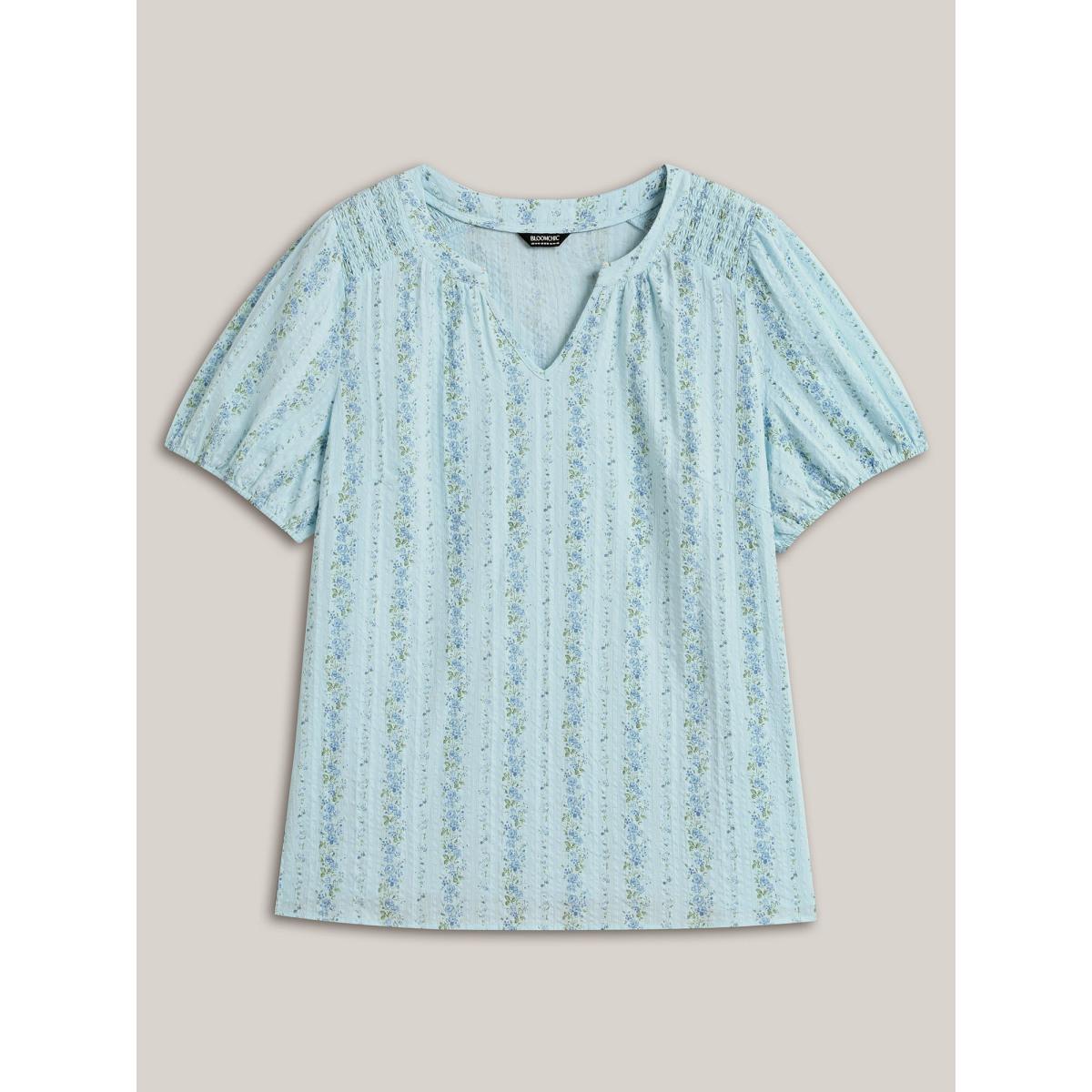 Plus Size LightBlue Cotton Floral Print Notched Collar Blouse Women Timeless Short sleeve Flat collar Elegant Blouses BloomChic 22-24/3X Product Image