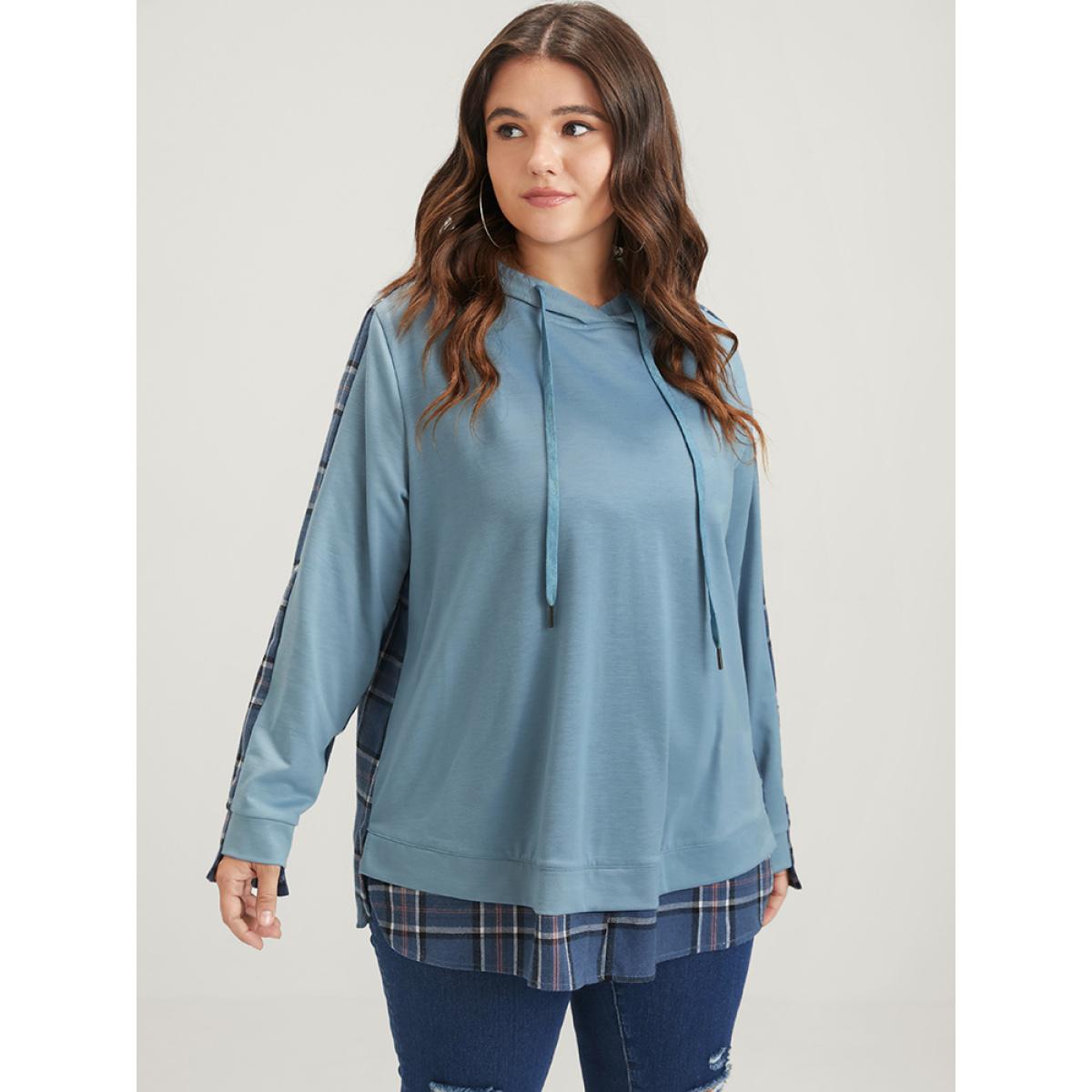 Plus Size Plaid Contrast Asymmetrical Drawstring Hooded Sweatshirt Women DarkBlue Casual Contrast Loose Hooded Dailywear Sweatshirts BloomChic 22-24/3X Product Image