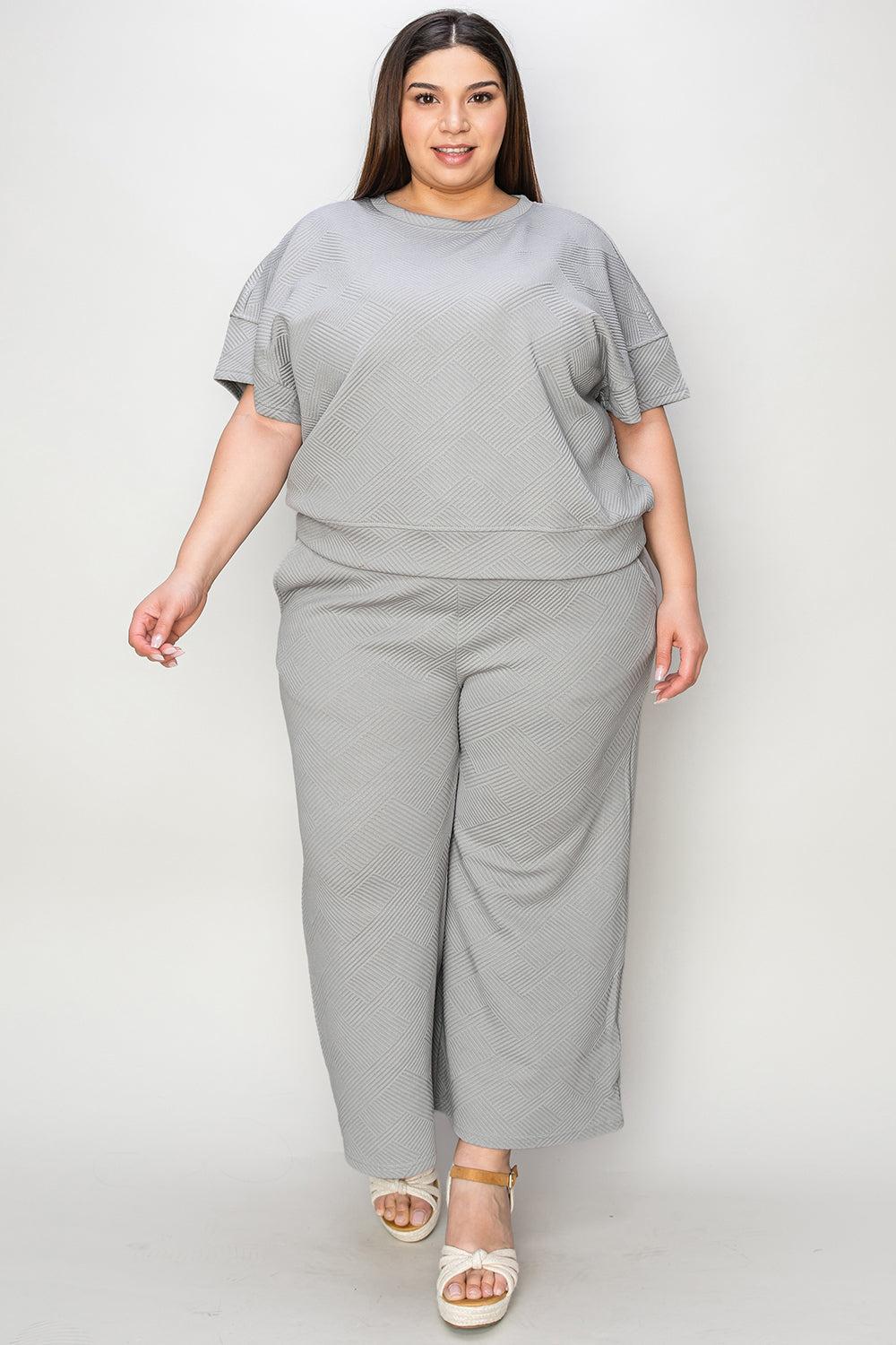 Double Take Full Size Texture Short Sleeve Top and Pants Set Product Image