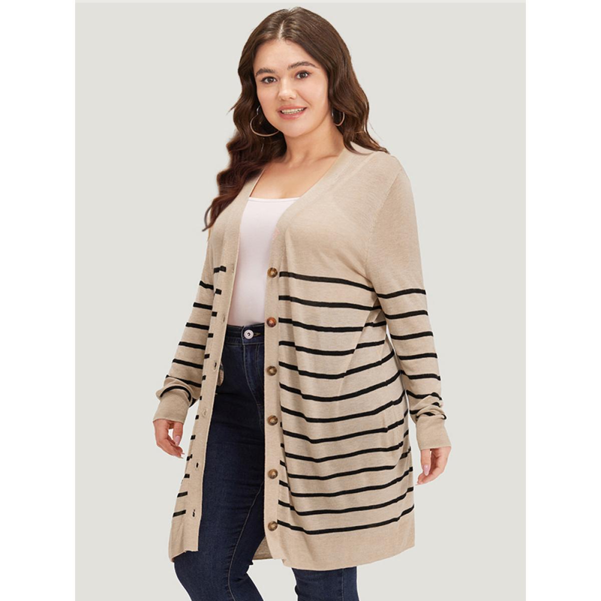 Plus Size Supersoft Essentials Striped Button Fly Tunic Cardigan Champagne Women Casual Loose Long Sleeve Dailywear Cardigans BloomChic 12/L Product Image