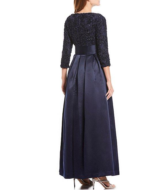 Jessica Howard Soutache Floral Lace Round Neck Sequin Bodice Satin 3/4 Sleeve Tie Belt Ball Gown Product Image