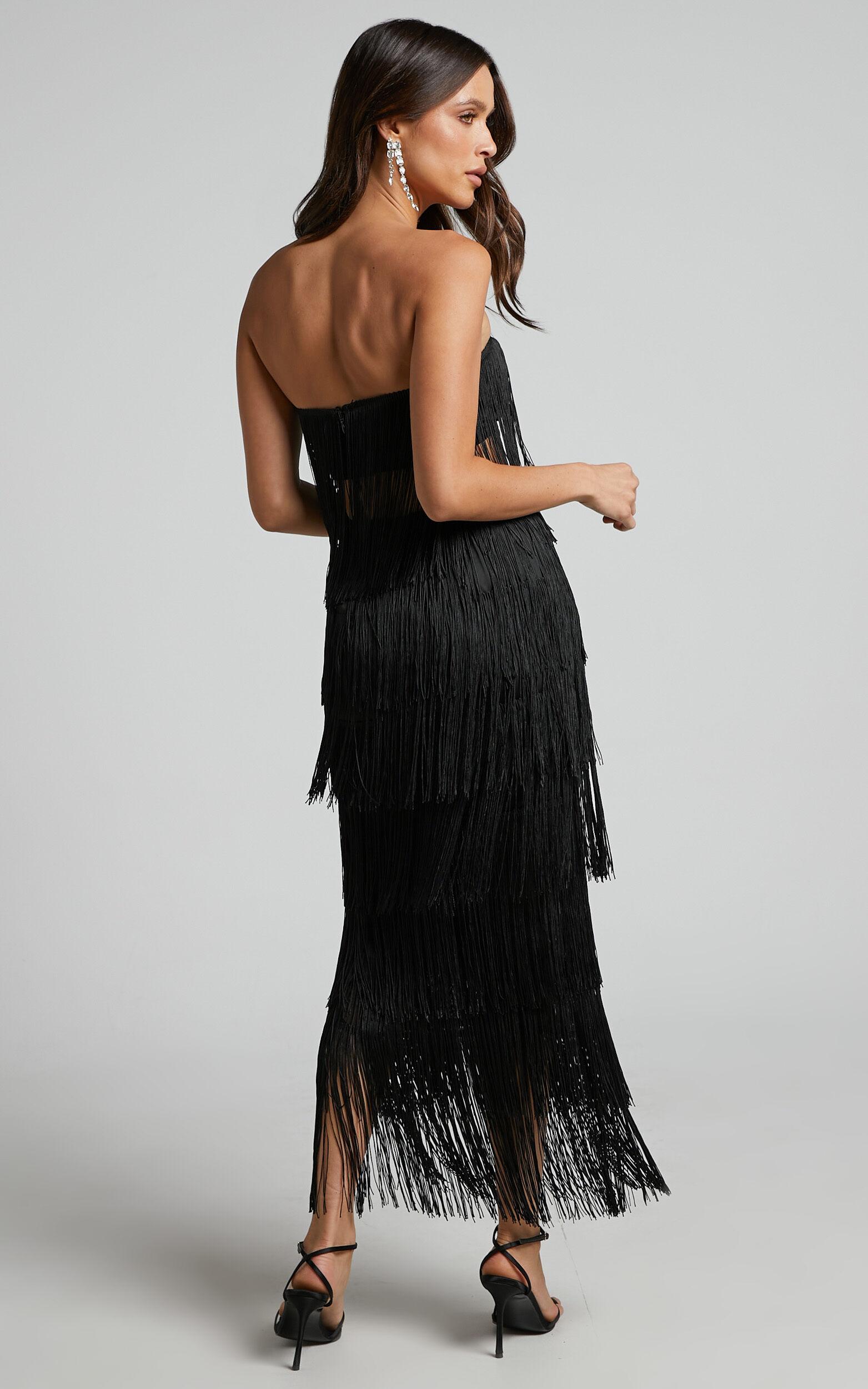 Amalee Two Piece Set - Fringe Strapless Crop Top and Midi Skirt Set in Black Product Image