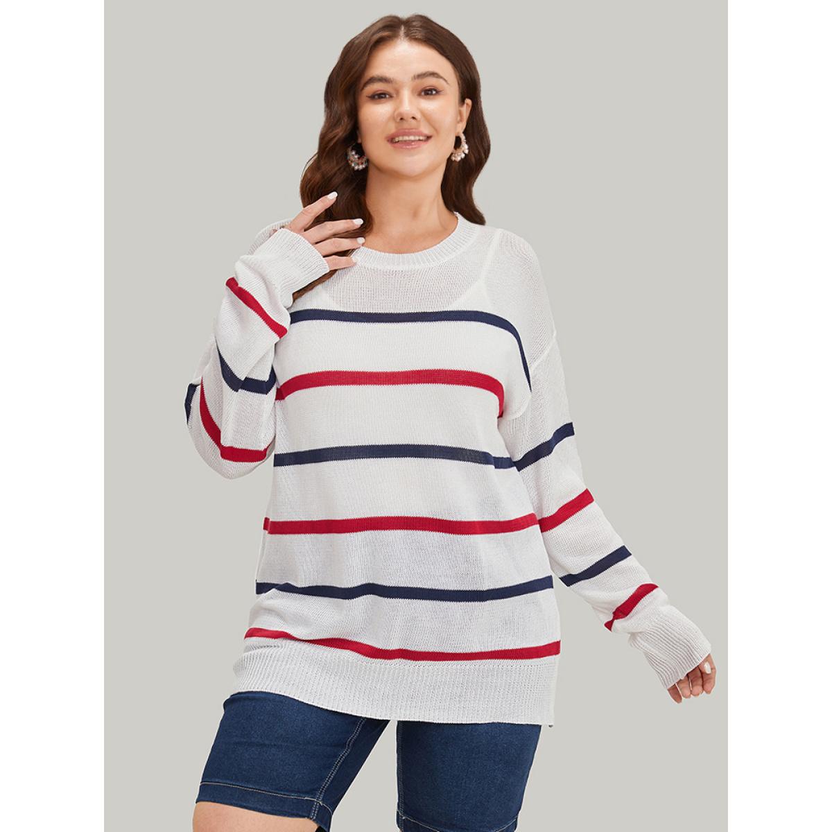 Plus Size Striped Contrast Drop Shoulder Pullover White Women Casual Bodycon Long Sleeve Round Neck Dailywear Pullovers BloomChic 18-20/2X Product Image