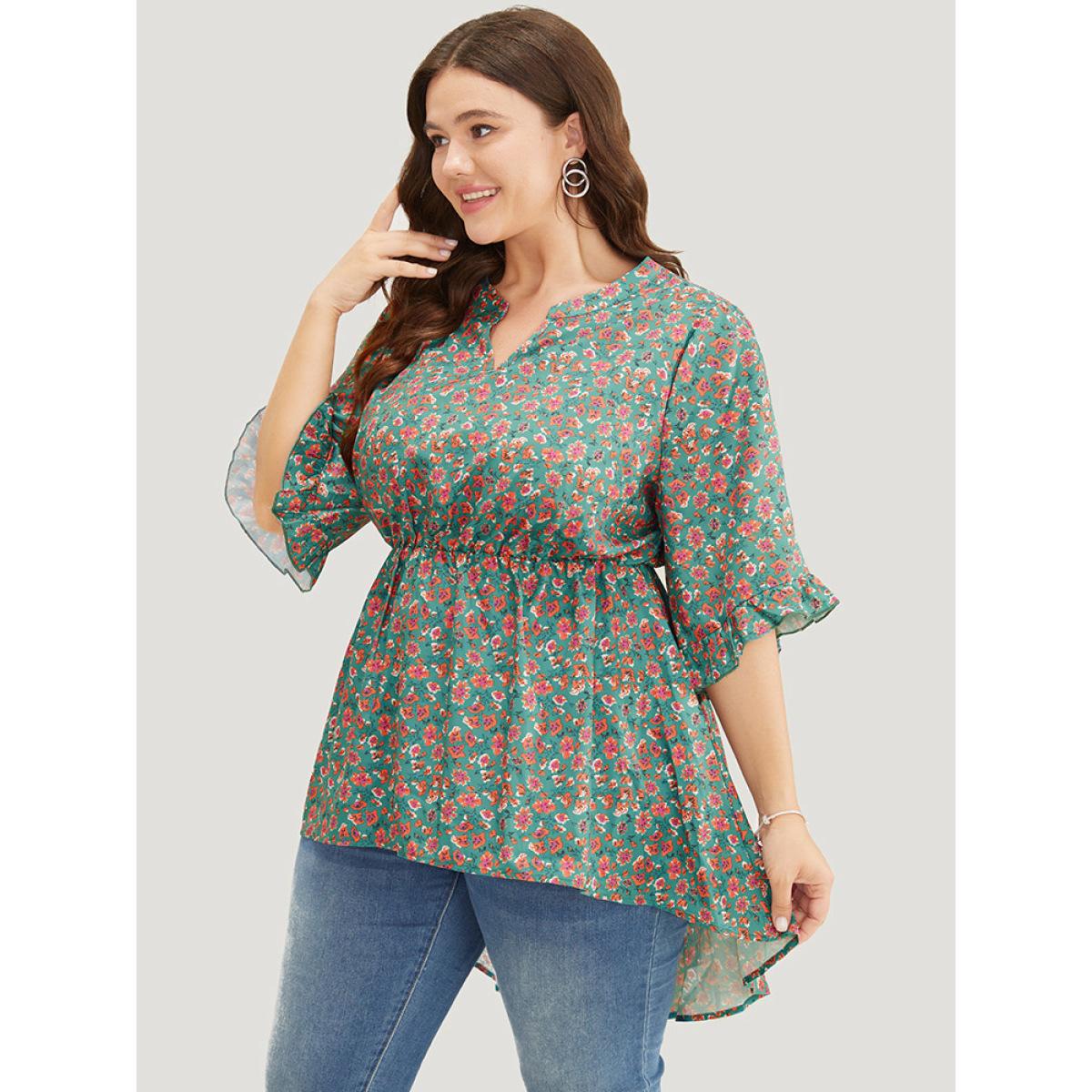 Plus Size Emerald Ditsy Floral Ruffle Sleeve Notched High Low Hem Blouse Women Elegant Short sleeve Notched collar Dailywear Blouses BloomChic 10/M Product Image